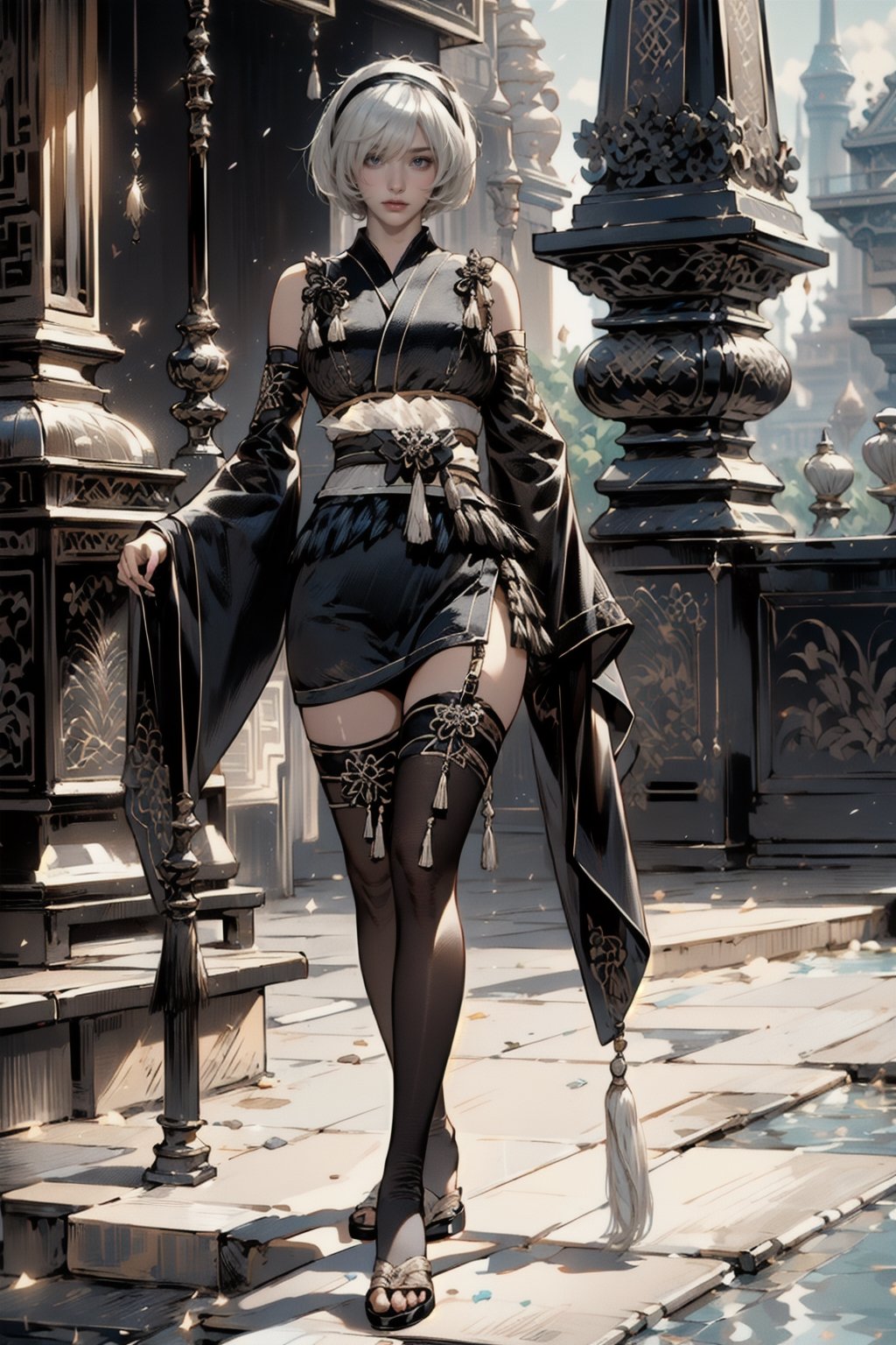 (Masterpiece, highest quality, high resolution, ultra-detailed, 16K, intricate, high contrast, HDR, vibrant color, RAW photo, (photorealistic:1.2), beautiful and aesthetic), cinematic lighting, medium breasts, tall and slim body, (((yorha no. 2 type b, silver white hair, 1girl, solo, hair over one eye, blue eye, hairband, black kimono, detached sleeves, wide sleeves, thighhighs, japanese clothes, tassels, bra peek))), samurai armor, glowing hair, looking at the viewer, futuristic, elegant, glowing, chaos, mysterious, magical, mystical, raging sun, eclipse, cosmic, space, galaxy, portal, scenic, landscape, iconic, cyberpunk, scifi, neotokyo, temple, holding a sword, evening, (full body shot:1.2)