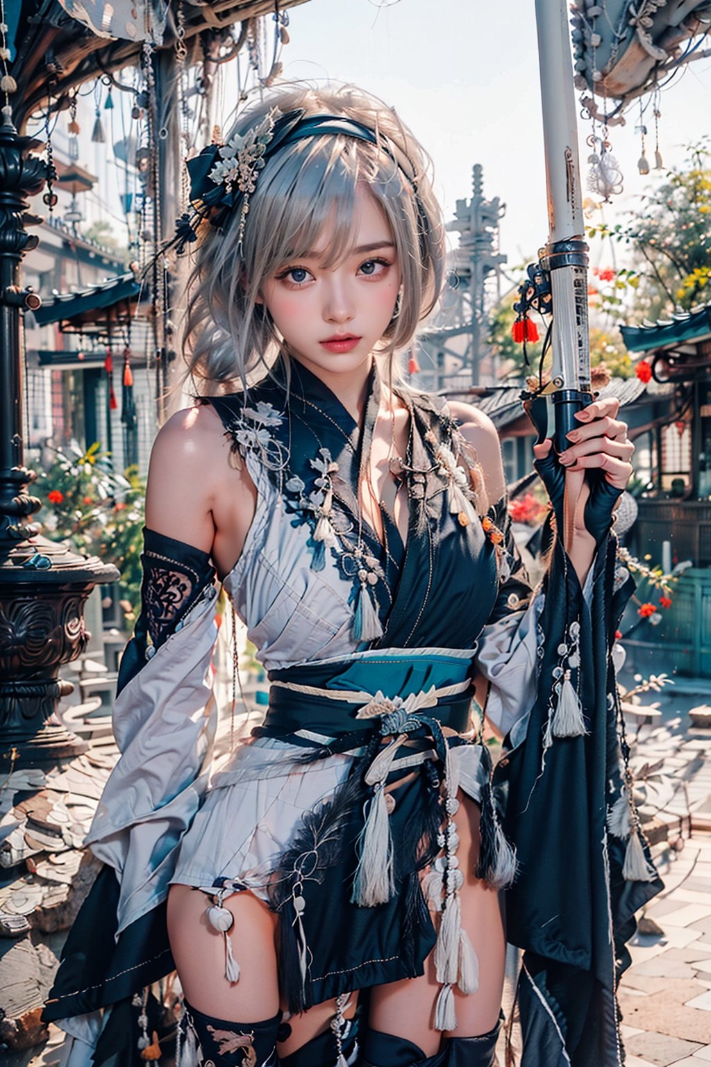 (Masterpiece, highest quality, high resolution, ultra-detailed, 16K, intricate, high contrast, HDR, vibrant color, RAW photo, (photorealistic:1.2), beautiful and aesthetic), cinematic lighting, medium breasts, tall and slim body, (((yorha no. 2 type b, silver white hair, 1girl, solo, hair over one eye, blue eye, hairband, black kimono, detached sleeves, wide sleeves, thighhighs, japanese clothes, tassels, bra peek))), glowing hair, looking at the viewer, futuristic, elegant, glowing, chaos, mysterious, magical, mystical, moon, cosmic, space, galaxy, portal, scenic, landscape, iconic, temple, bonsai forest, holding a sword, evening, midjourney