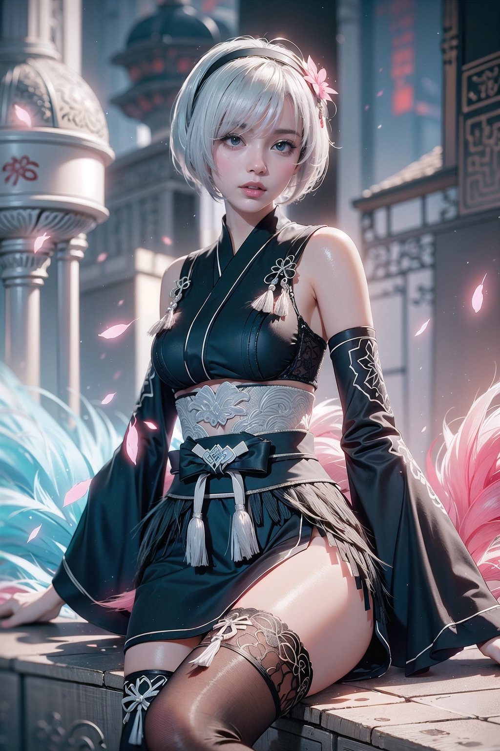 (Masterpiece, highest quality, high resolution, ultra-detailed, 16K, intricate, high contrast, HDR, vibrant color, RAW photo, (photorealistic:1.2), beautiful and aesthetic), cinematic lighting, medium breasts, tall and slim body, (((yorha no. 2 type b, silver white hair, 1girl, solo, hair over one eye, blue eye, hairband, black kimono, detached sleeves, wide sleeves, thighhighs, japanese clothes, tassels, bra peek))), glowing hair, looking at the viewer, futuristic, elegant, glowing, chaos, mysterious, magical, mystical, moon, cosmic, space, galaxy, portal, scenic, landscape, iconic, temple, bonsai forest, Japanese ancient streets, holding her swords, wide shot, neon background, sitting on the edge of a roof, looking over the city, view from side