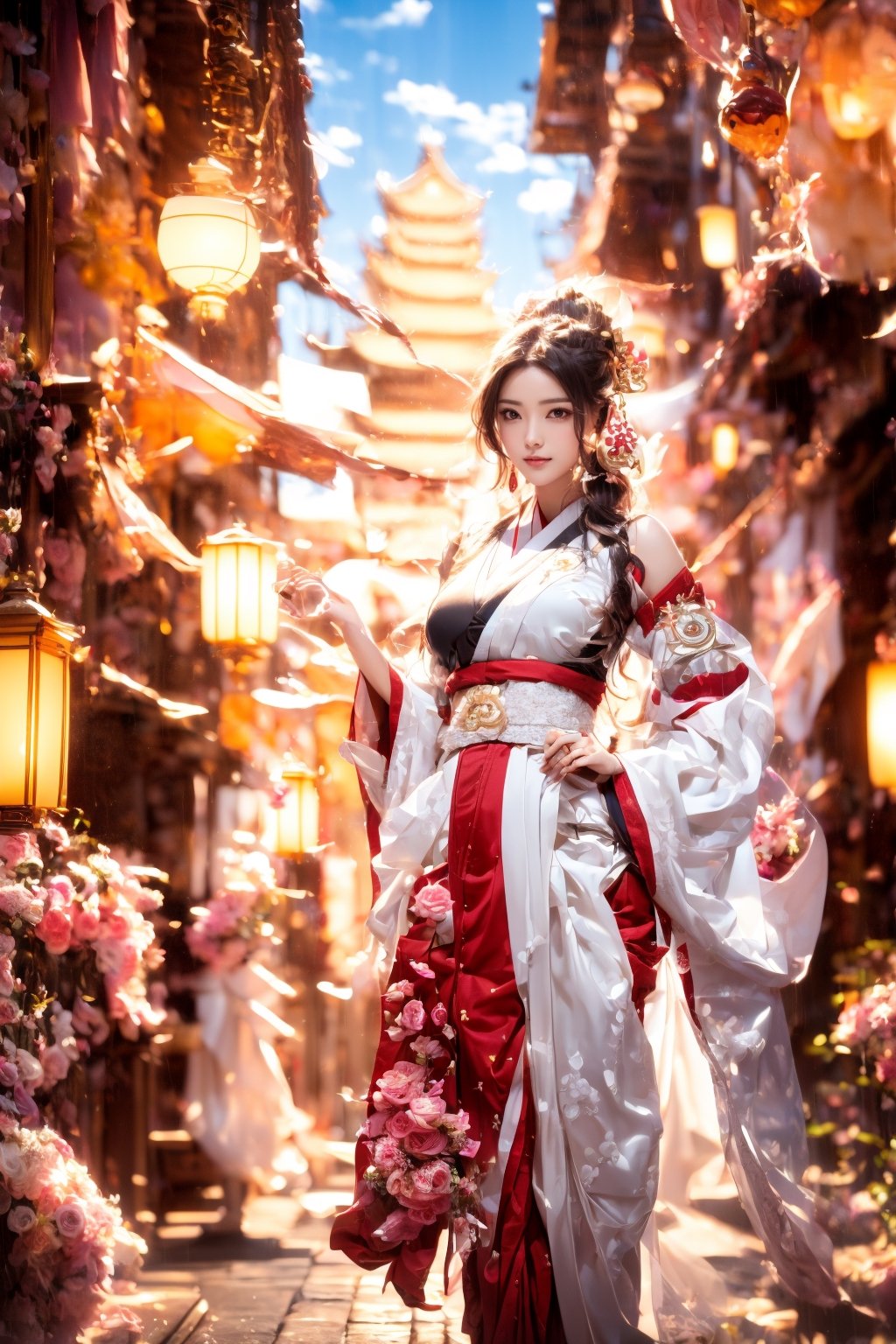 (Masterpiece, highest quality, ultra-detailed, 16K, high contrast, HDR, vibrant color, RAW photo, (photorealistic:1.2), beautiful and aesthetic), cinematic lighting, medium breasts, tall and slim body, (((Yae Miko, yaemikodef, bride))), glowing hair, looking at the viewer, elegant, glowing, magical, floating lanterns, Japanese ancient streets, temple, wide shot