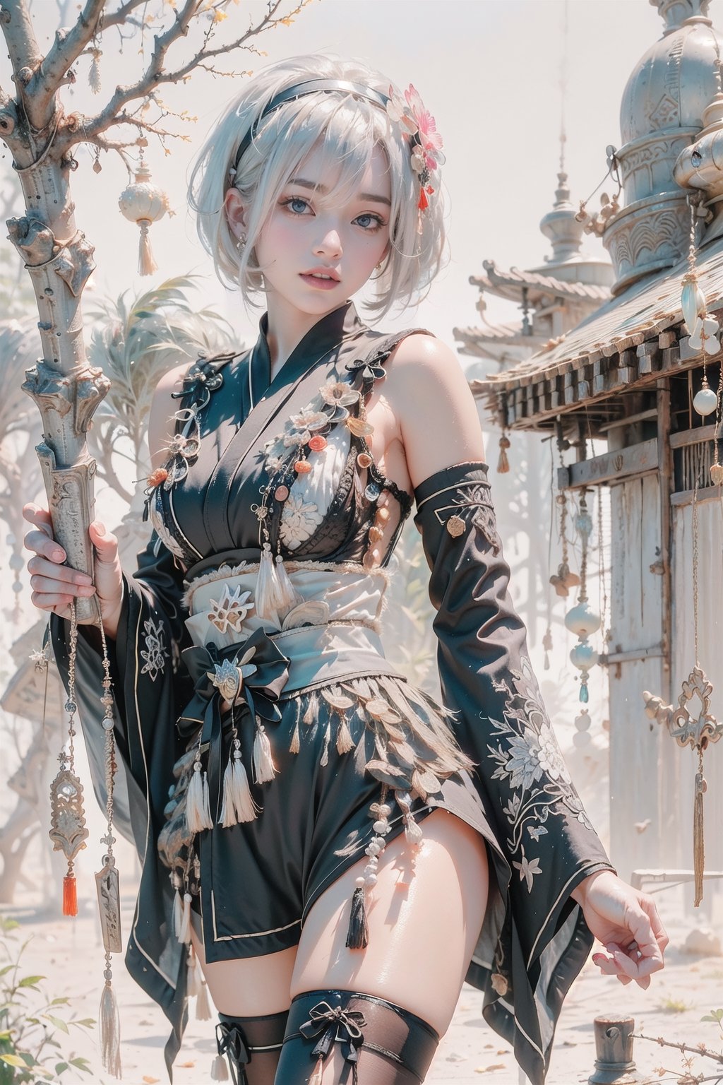 (Masterpiece, highest quality, high resolution, ultra-detailed, 16K, intricate, high contrast, HDR, vibrant color, RAW photo, (photorealistic:1.2), beautiful and aesthetic), cinematic lighting, medium breasts, tall and slim body, (((yorha no. 2 type b, silver white hair, 1girl, solo, hair over one eye, blue eye, hairband, black kimono, detached sleeves, wide sleeves, thighhighs, japanese clothes, tassels, bra peek))), glowing hair, looking at the viewer, futuristic, elegant, glowing, chaos, mysterious, magical, mystical, moon, cosmic, space, galaxy, portal, scenic, landscape, iconic, temple, bonsai forest, holding a sword, wide shot