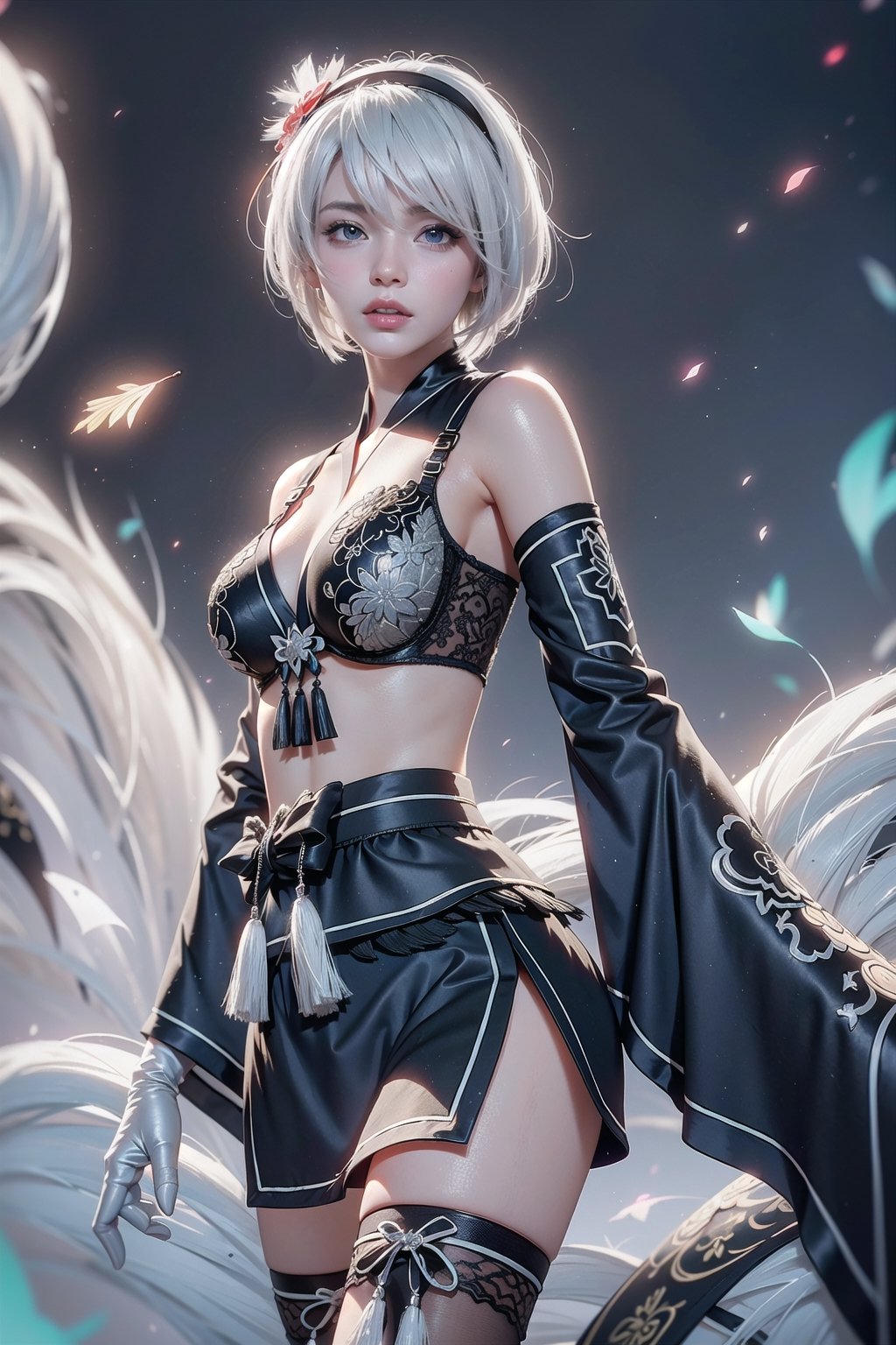 (Masterpiece, highest quality, high resolution, ultra-detailed, 16K, intricate, high contrast, HDR, vibrant color, RAW photo, (photorealistic:1.2), beautiful and aesthetic), cinematic lighting, medium breasts, tall and slim body, (((yorha no. 2 type b, silver white hair, 1girl, solo, hair over one eye, blue eye, hairband, black kimono, detached sleeves, wide sleeves, thighhighs, japanese clothes, tassels, bra peek))), glowing hair, looking at the viewer, futuristic, elegant, glowing, chaos, mysterious, magical, mystical, moon, cosmic, space, galaxy, portal, scenic, landscape, iconic, temple, bonsai forest, ancient Japan, holding her swords, wide shot, neon background, view from behind