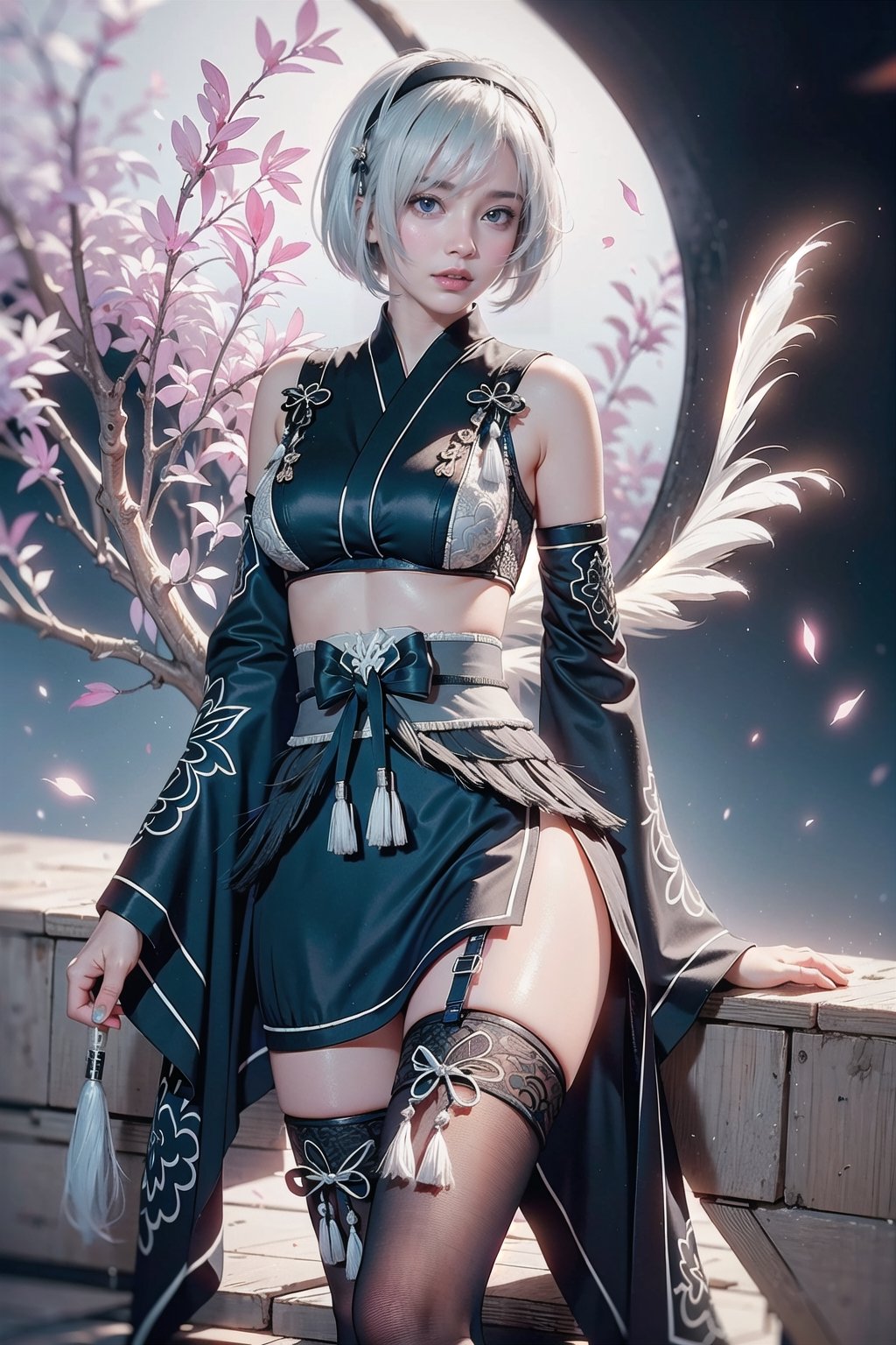 (Masterpiece, highest quality, high resolution, ultra-detailed, 16K, intricate, high contrast, HDR, vibrant color, RAW photo, (photorealistic:1.2), beautiful and aesthetic), cinematic lighting, medium breasts, tall and slim body, (((yorha no. 2 type b, silver white hair, 1girl, solo, hair over one eye, blue eye, hairband, black kimono, detached sleeves, wide sleeves, thighhighs, japanese clothes, tassels, bra peek))), glowing hair, looking at the viewer, futuristic, elegant, glowing, chaos, mysterious, magical, mystical, moon, cosmic, space, galaxy, portal, scenic, landscape, iconic, temple, bonsai forest, Japanese ancient streets, holding her swords, (wide shot:1.2), neon background, sitting on the edge, view from side