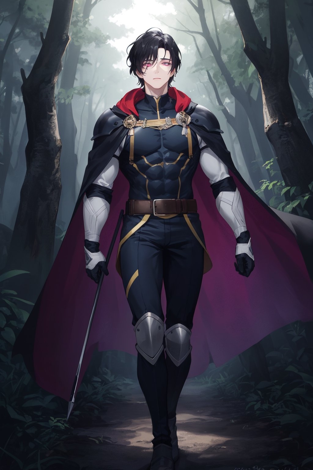 1man, young man,  25 years old,  short black hair,wavy hair,  glowing violet eyes, pale skin,  walking in a magical forest,  magical forest background,  day,  day light, wearing a hunter armor,black feather cape,  training,  challenger face,  fitness body,  piece teacher,  perfect face,  high quality,  American shot,  perfect face,  perfect hands,  muscular sensual body,  aesthetic and sensual body, Detailedface,1boy