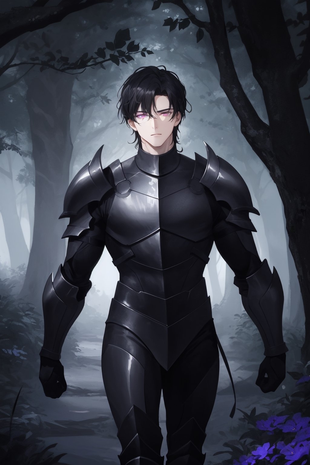 1man, young man,  25 years old,  short black hair,wavy hair,  glowing violet eyes, pale skin,  walking in a magical forest,  magical forest background,  day,  day light, wearing a heavy armor,  training,  challenger face,  fitness body,  piece teacher,  perfect face,  high quality,  American shot,  perfect face,  perfect hands,  muscular sensual body,  aesthetic and sensual body, Detailedface,1boy
