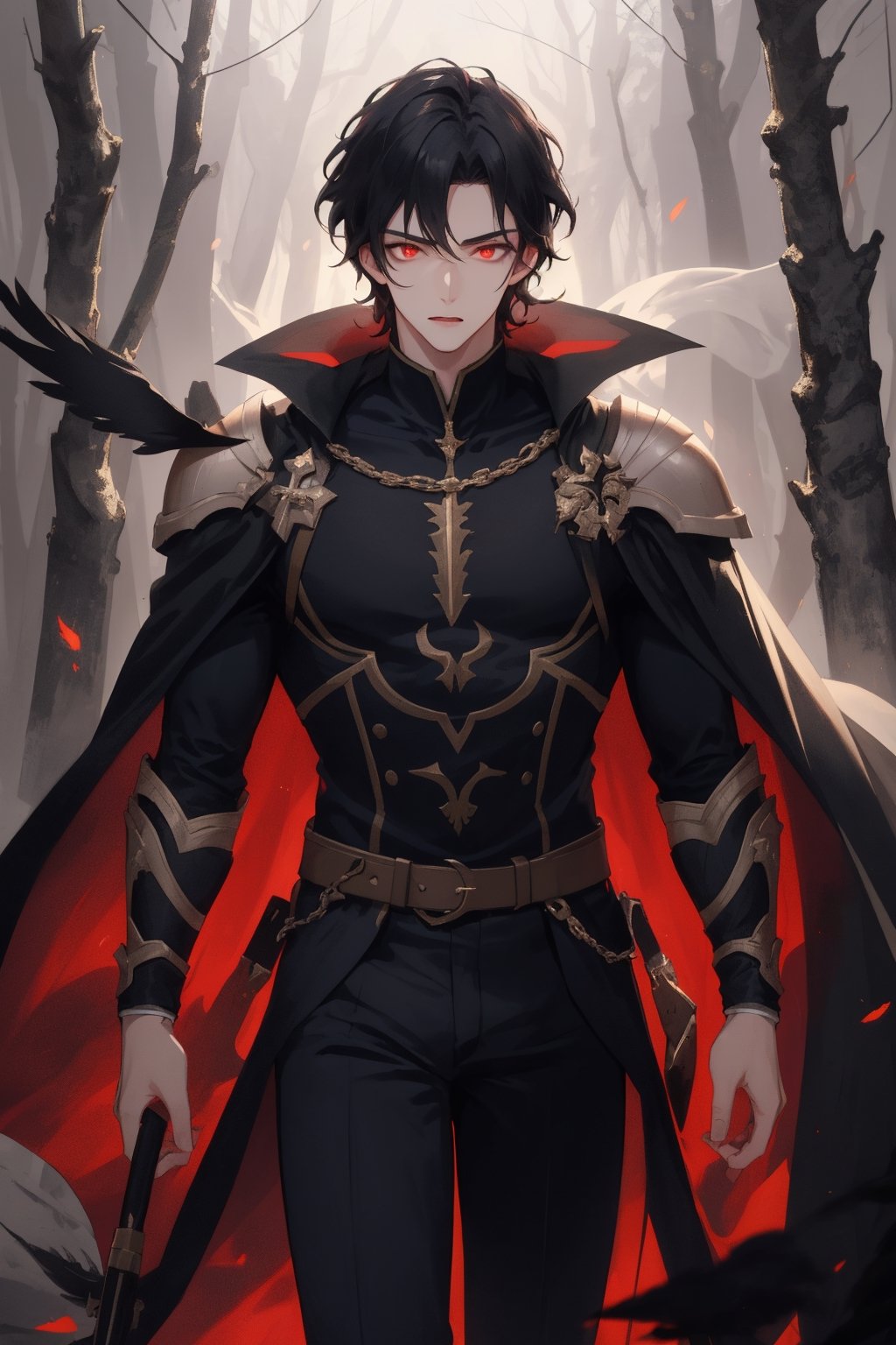 1man, young man,  25 years old,  short black hair,wavy hair,  glowing  red eyes, pale skin,  walking in a magical forest,  magical forest background,  day,  day light, wearing a scale armor,black feathers cape,  training,  challenger face,  fitness body,  piece teacher,  perfect face,  high quality,  American shot,  perfect face,  perfect hands,  muscular sensual body,  aesthetic and sensual body, Detailedface,1boy,wrenchftmfshn