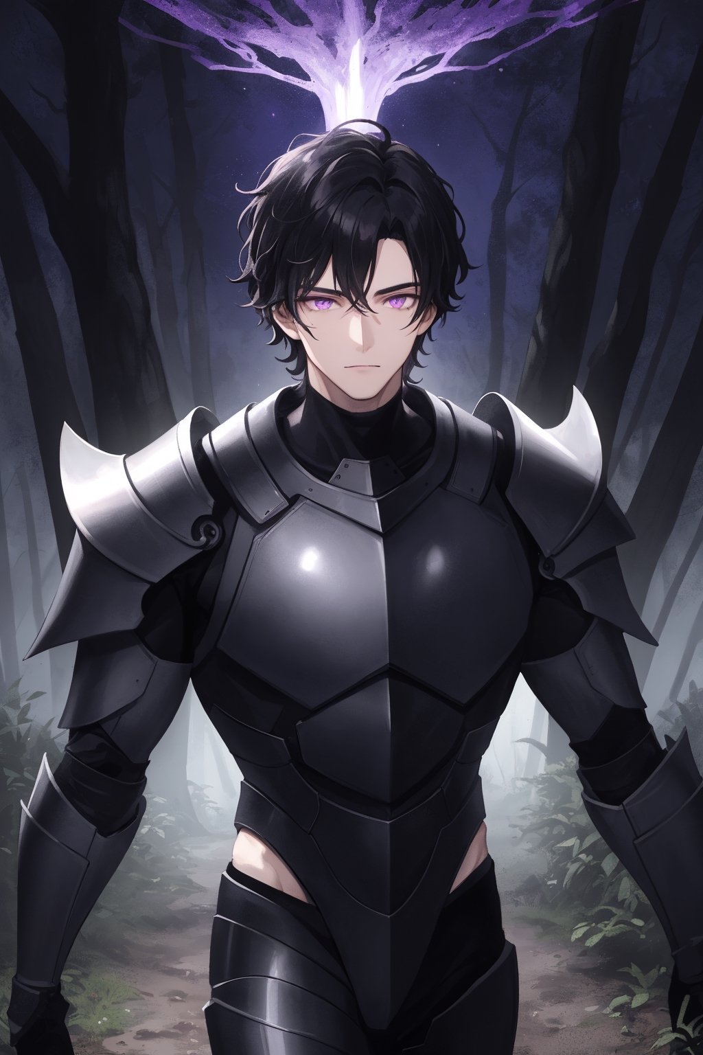 1man, young man,  25 years old,  short black hair,wavy hair,  glowing violet eyes, pale skin,  walking in a magical forest,  magical forest background,  day,  day light, wearing a heavy armor,  training,  challenger face,  fitness body,  piece teacher,  perfect face,  high quality,  American shot,  perfect face,  perfect hands,  muscular sensual body,  aesthetic and sensual body, Detailedface,1boy