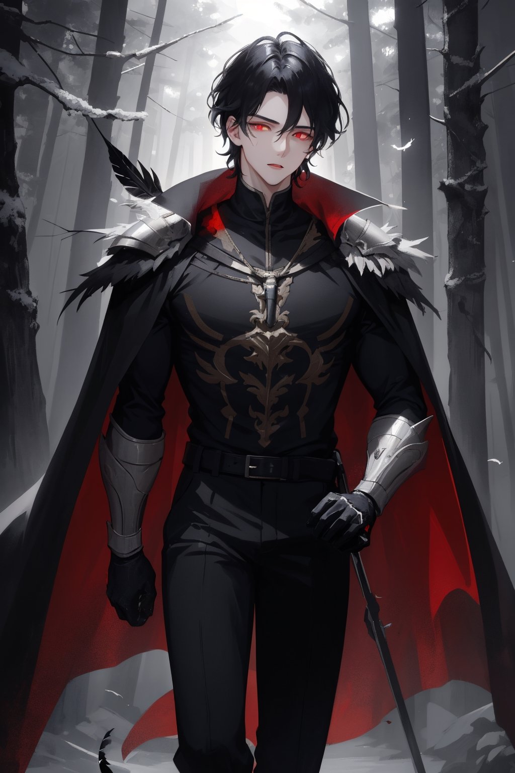 1man, young man,  25 years old,  short black hair,wavy hair,  glowing  red eyes, pale skin,  walking in a magical forest,  magical forest background,  day,  day light, wearing a hunter armor,black feathers cape,  training,  challenger face,  fitness body,  piece teacher,  perfect face,  high quality,  American shot,  perfect face,  perfect hands,  muscular sensual body,  aesthetic and sensual body, Detailedface,1boy,wrenchftmfshn