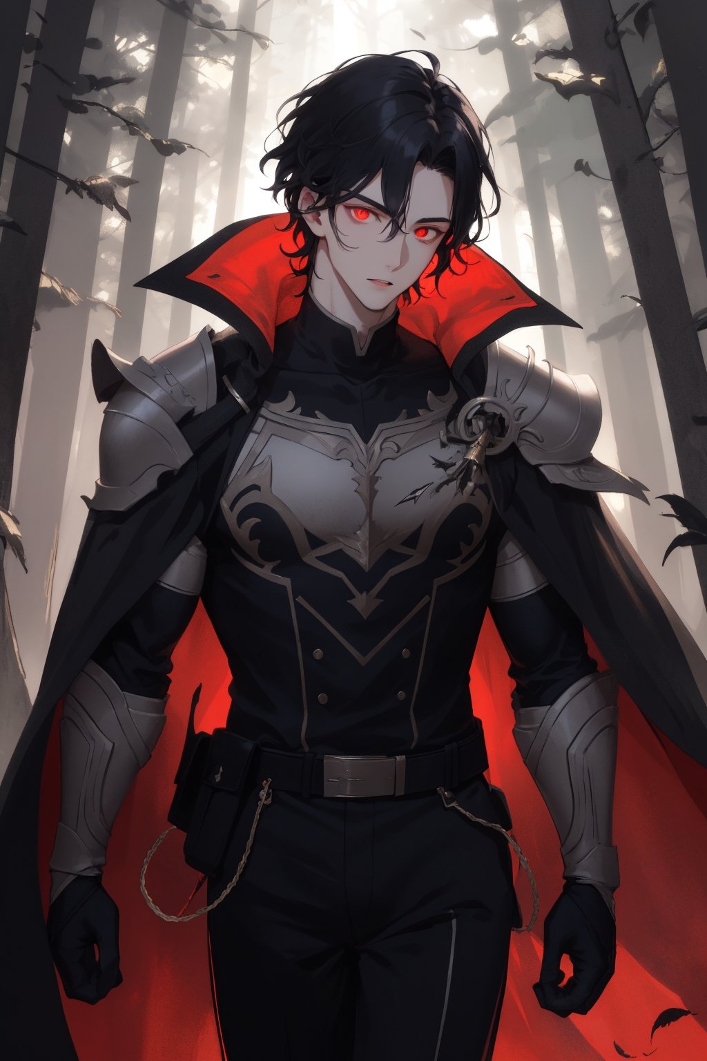 1man, young man,  25 years old,  short black hair,wavy hair,  glowing  red eyes, pale skin,  walking in a magical forest,  magical forest background,  day,  day light, wearing a hunter armor,black feather cape,  training,  challenger face,  fitness body,  piece teacher,  perfect face,  high quality,  American shot,  perfect face,  perfect hands,  muscular sensual body,  aesthetic and sensual body, Detailedface,1boy,wrenchftmfshn