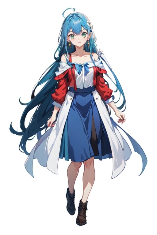 blue hair, long hair, red shirt, blue skirt, long skirt, ahoge, earrings, blue leggings, kingdom of rosas outfits, kingdom of rosas style, green eyes, gray blue skirt, red bareshirt, red off-shoulder shirt, fullbody,[(white background:1.5)