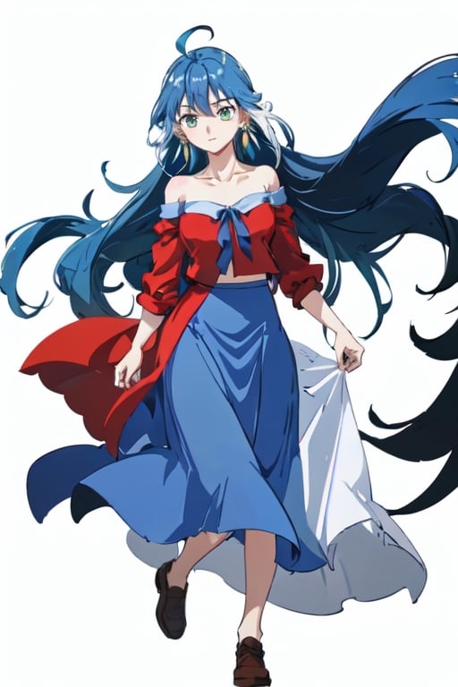 blue hair, long hair, red shirt, blue skirt, long skirt, ahoge, earrings, blue leggings, kingdom of rosas outfits, kingdom of rosas style, green eyes, gray blue skirt, red bareshirt, red off-shoulder shirt, fullbody,[(white background:1.5)