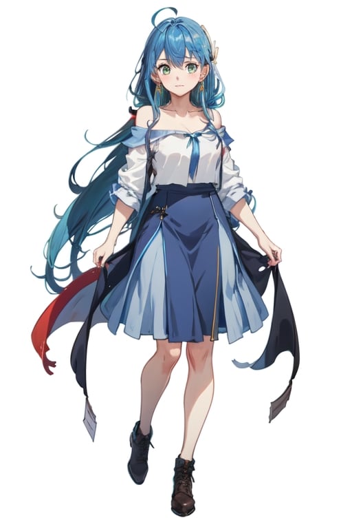 blue hair, long hair, red shirt, blue skirt, long skirt, ahoge, earrings, blue leggings, kingdom of rosas outfits, kingdom of rosas style, green eyes, gray blue skirt, red bareshirt, red off-shoulder shirt, fullbody,[(white background:1.5)