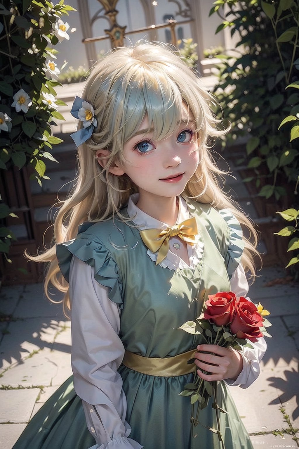 masterpiece, best quality, 8K , Extreme Detailed background, Beautiful and Aesthetic, outdoors, (rose garden), scenery,8k,soft light ,1girl, ((12 year-old)), solo, long hair, looking at viewer, bangs, blue eyes, ((golden hair)), long sleeves, dress, bow, closed mouth,  cowboy shot, frills, bowtie, rose, blue bow, frilled dress, (green dress), yellow flower, blue bowtie, smile, yellow rose, mary \(ib\),oil paint, (( art nouveau by Alphonse Mucha style)),photorealistic,boy 