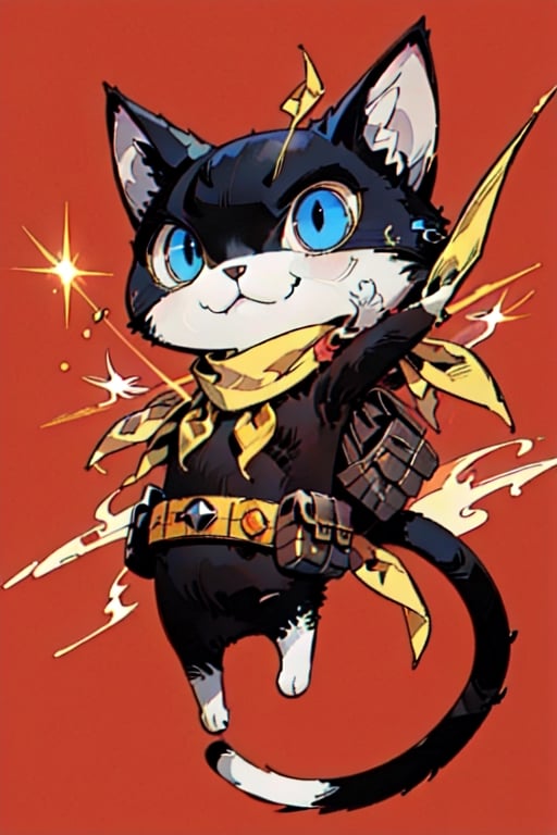 solo,blue eyes,comic background, closed mouth,( 1tail), full body, belt, scarf, neckerchief,furry, cat, red background, pouch, black fur,white fur, animal focus, yellow scarf, morgana ,persona 5 ,jumping,smile, :3,firefliesfireflies,aw0k cat,cat,1guy
