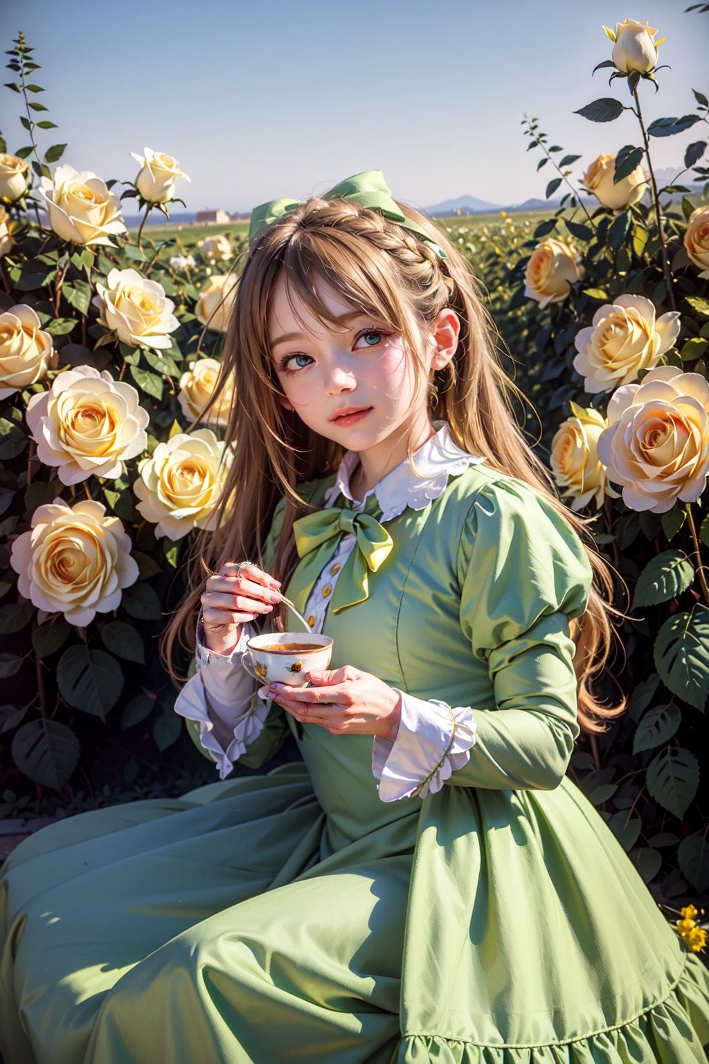 masterpiece, best quality, 8K , Extreme Detailed background, Beautiful and Aesthetic, outdoors, (rose garden), scenery,8k,soft light ,1girl, 12 year-old, solo, long hair, looking at viewer, bangs, blue eyes, (golden hair), long sleeves, dress, bow, closed mouth,  cowboy shot, frills, bowtie, rose, blue bow, frilled dress, (green dress), yellow flower, blue bowtie, smile, yellow rose, mary \(ib\),oil paint, (( art nouveau by Alphonse Mucha style))
