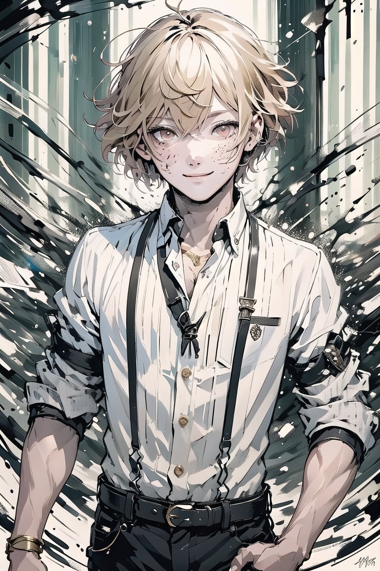 (masterpiece, best quality, ultra detailed)1boy,1.5,higekiri,  playful smile, short blonde hair, red eyes, wearing a white shirt adorned with gold buttons. ,Bankruptcy,1boy