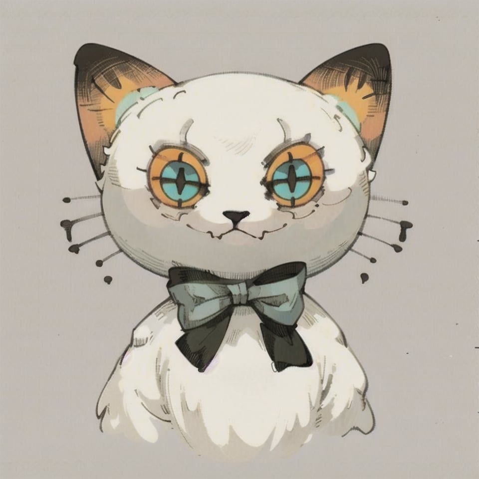 solo, looking at viewer, simple background, bow, 4green eyes, upper body, bowtie, grey background, no humans, cat, white bow, :<, colored sclera, black cat, white bowtie, yellow sclera, whiskers, black fur