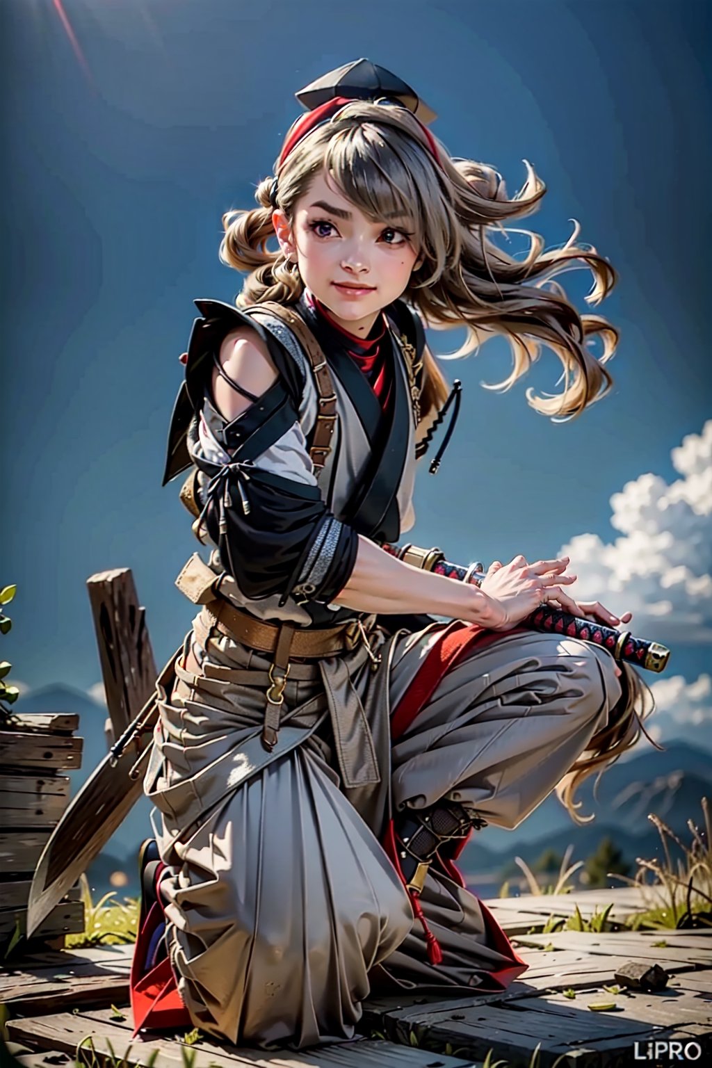 side view, masterpiece, best quality, ultra realistic illustration, 16K, (HDR), high resolution, 1boy_solo, 12-year-old,(light smile:1.0), (evil smile:1.0),slender hot body proportion,  kawai ,samurai , holding short sword ta_nto, katana, sheath, (wearing highly detailed japanese clothes , armor, tokin hat), full-body shot, (gray long hair:1.0),hair over one eye, (red eyes:1.0), highly detailed background of cyper punk city, add More Detail,Enhance,((dramatic lights)),super vista, (super wide Angle), HD, cinematic lighting effects,battoujutsu, squatting, one knee