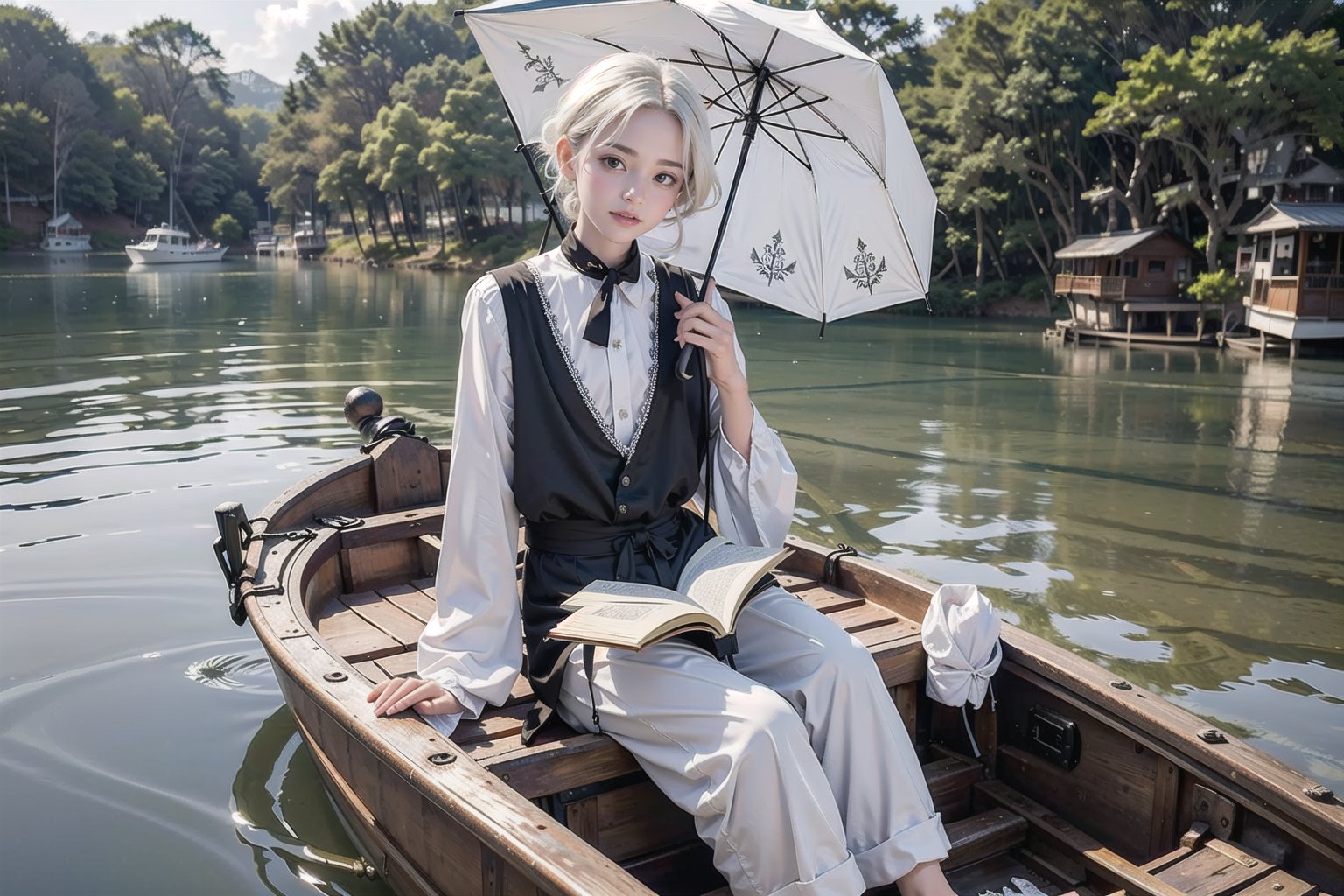 (1girl, black hair, black hair,  black dress,  hair bow ,jewelry, necklace, holding umbrella), 
(1boy, white hair, holding book, book, reading, white shirt, white trousers,) 
(((1 boy 1 girl)), sitting in boat, boat on water), realistic, watercraft, trees,flowers