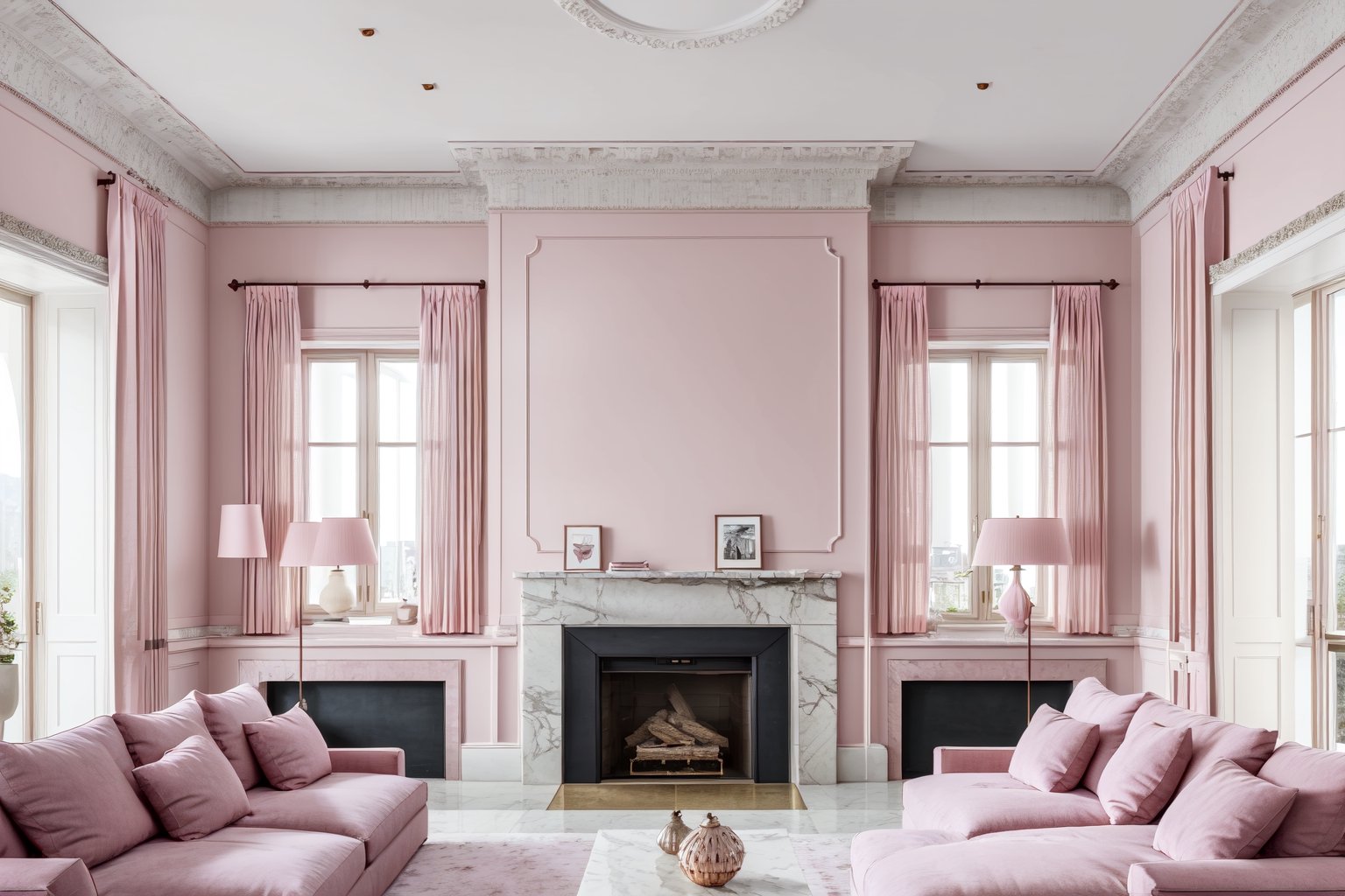 living room HomeAdvisor,neoclassical style, soft light,mild and undramatic pink colors,A plain palate emphasized the stoic, superior sense of form that the Neoclassical embodied,1fireplace, lamps, window with beautiful view,8k,real photo,Masterpiece