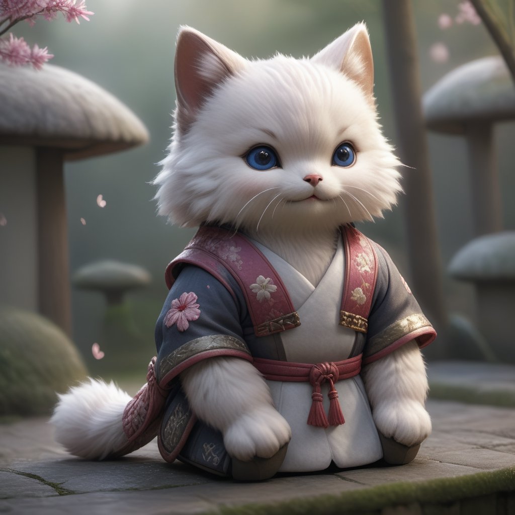 solo, long sleeves, outdoors, japanese clothes, kimono, gorgeous ornament, armor, no humans, depth of field, sakura background, japanese garden animal,cute kitten, big blue eyes,japanese armor, animal focus, whiskers, clothed animal,soft light,kawaii,fat,realistic,8k,