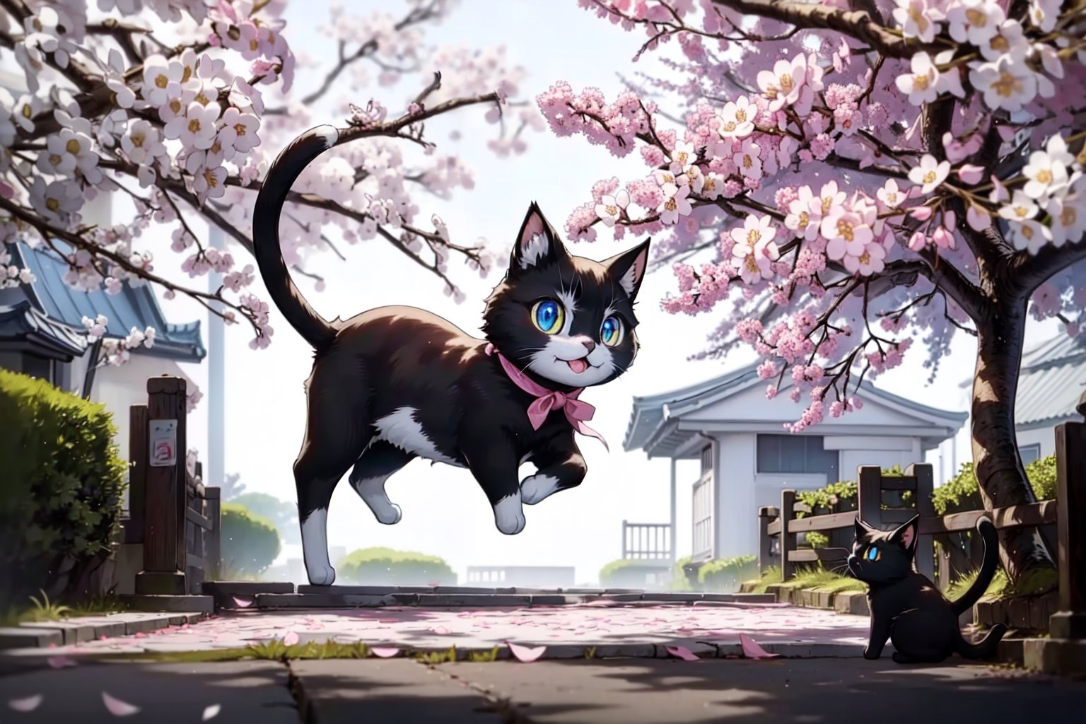 A complete, cute magical black cat and white cat,  faint pinkish-white light on its body.  stand on sakura tree, magical realism, classical style, clean color, fine and smooth hair , 8k, (sharp focus:1.2), super wide angle