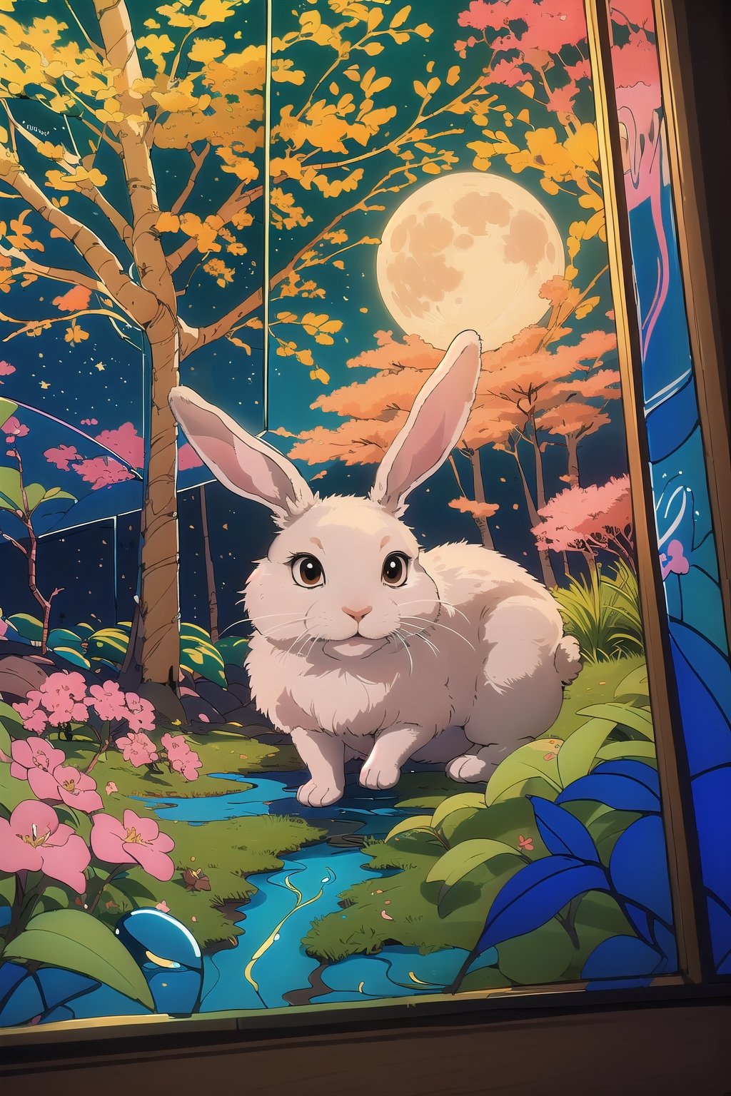 The moon, a rabbit, stand under a sakura tree, painting dreams on the night sky,  hillside, Cubism, side lit, Selective focus, Kodachrome, gilded technique, Batik, sophisticated composition, artistic, detailed, sharp, very coherent, calm, complimentary colors,(((glass art,))),lofi artstyle