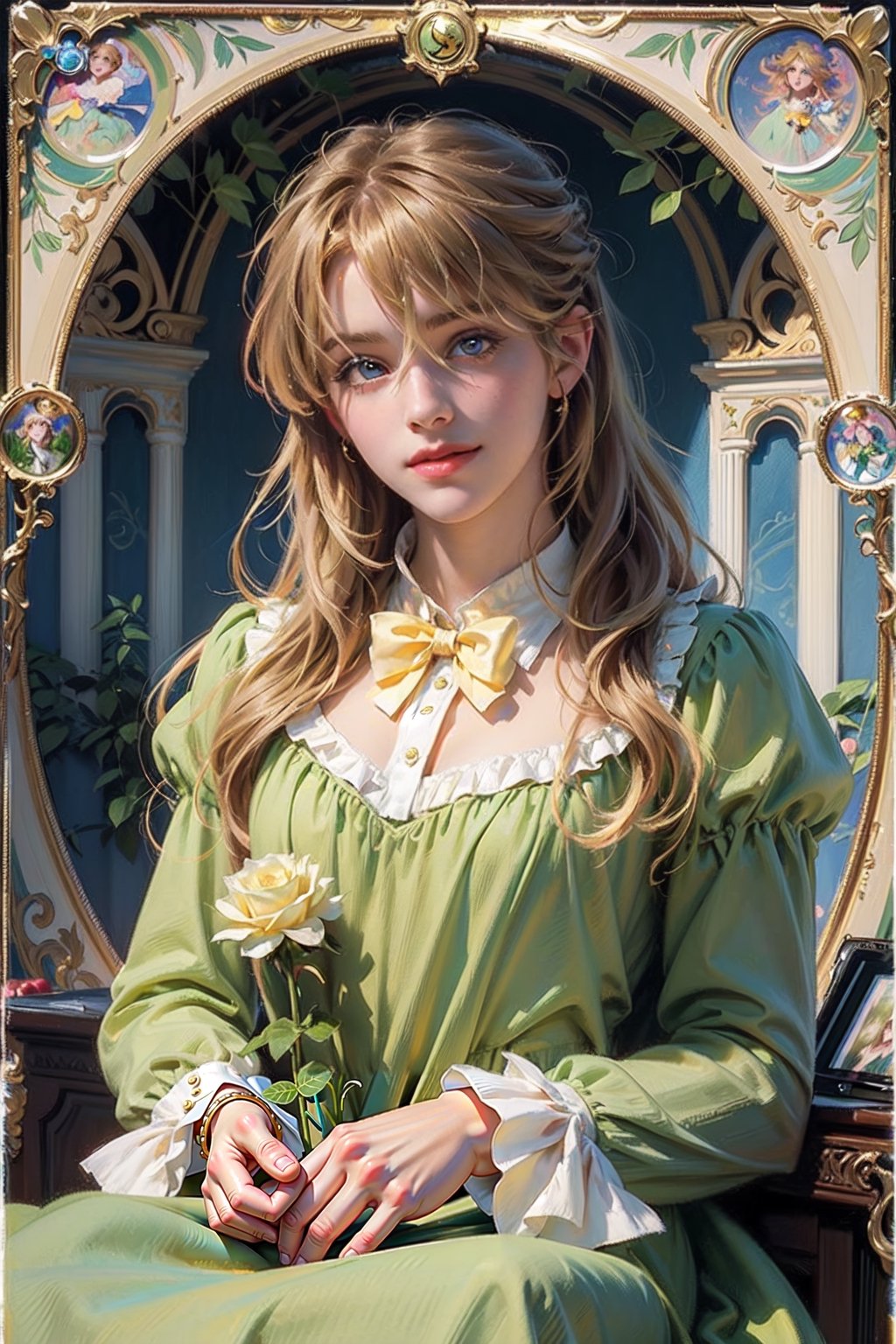 masterpiece, best quality, 8K , Extreme Detailed background, Beautiful and Aesthetic, outdoors, (rose garden), scenery,8k,soft light ,1girl, 12 year-old, solo, long hair, looking at viewer, bangs, blue eyes, gold blonde hair, long sleeves, dress, bow, closed mouth,  cowboy shot, frills, bowtie, rose, blue bow, frilled dress, green dress, yellow flower, blue bowtie, smile, yellow rose, mary \(ib\),oil paint, (( art nouveau by Alphonse Mucha style))