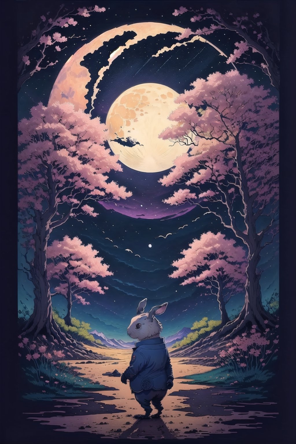  ((ink drawning and pencil shading)), an abstract painting imbued with melancholy romanticism,  The center of the composition is a rabbit standing alone under a sakura tree, in beautiful moon night.(masterpiece, top quality, best quality, official art, beautiful and aesthetic:1.2),tshee00d