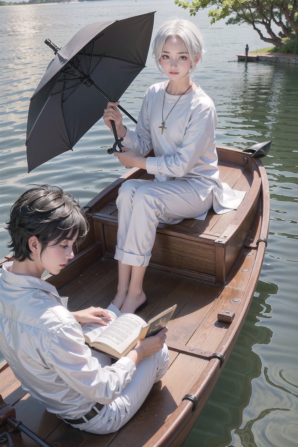 (1girl, black hair, black hair,  black dress,  hair bow ,jewelry, necklace, holding umbrella), 
(1boy, white hair, holding book, book, reading, white shirt, white trousers,) 
(1 boy 1 girl sitting in boat, boat on water), realistic, watercraft, trees,flowers