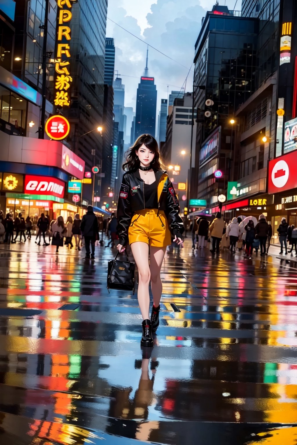 outdoors, raining, night, ground vehicle, building, scenery, reflection, city, sign, road, lamppost, street, city lights, lights, neon lights, crosswalk, cyber punk,(full body shot), (caucasian face),1 beauty, dancing,black hair,wearing gloves, long sleeves ,bfootwear,  shorts, socks, jacket, growing yellow pattern on sleeves,  choker,(super wide Angle), HD, (head looking down at the audience), (light smile:1.1), (evil smile:1.0), shot with tension, Visual impact, giving the poster a dynamic and visually striking appearance:1.8), Realism, photorealistic,realistic textures,mecha,WaveMiu