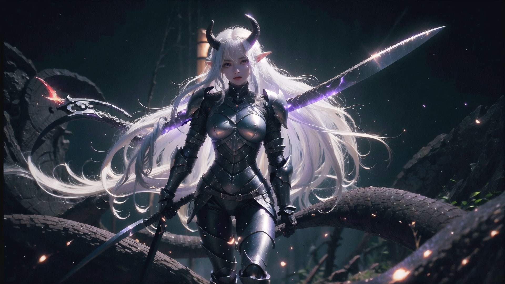 masterpiece, well illustrated, carbon particles, woman, long white hair (black, short horns), red left eye, light blue right eye, long eyelashes, round eyes, fangs, large body, heavy armor, a scythe weapon on one hand, full body, purple aura on his weapon, purple light particles floating in the background, light, darkness,