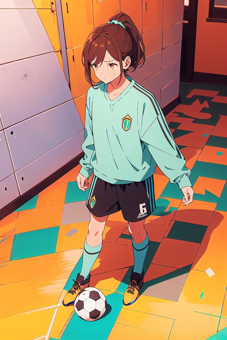 1girl,25 years old,ponytail,brown eyes,brown hair, sportswear, soccer short, soccer shirt, ankle boots, basic background, tired look, sweaty, full_body