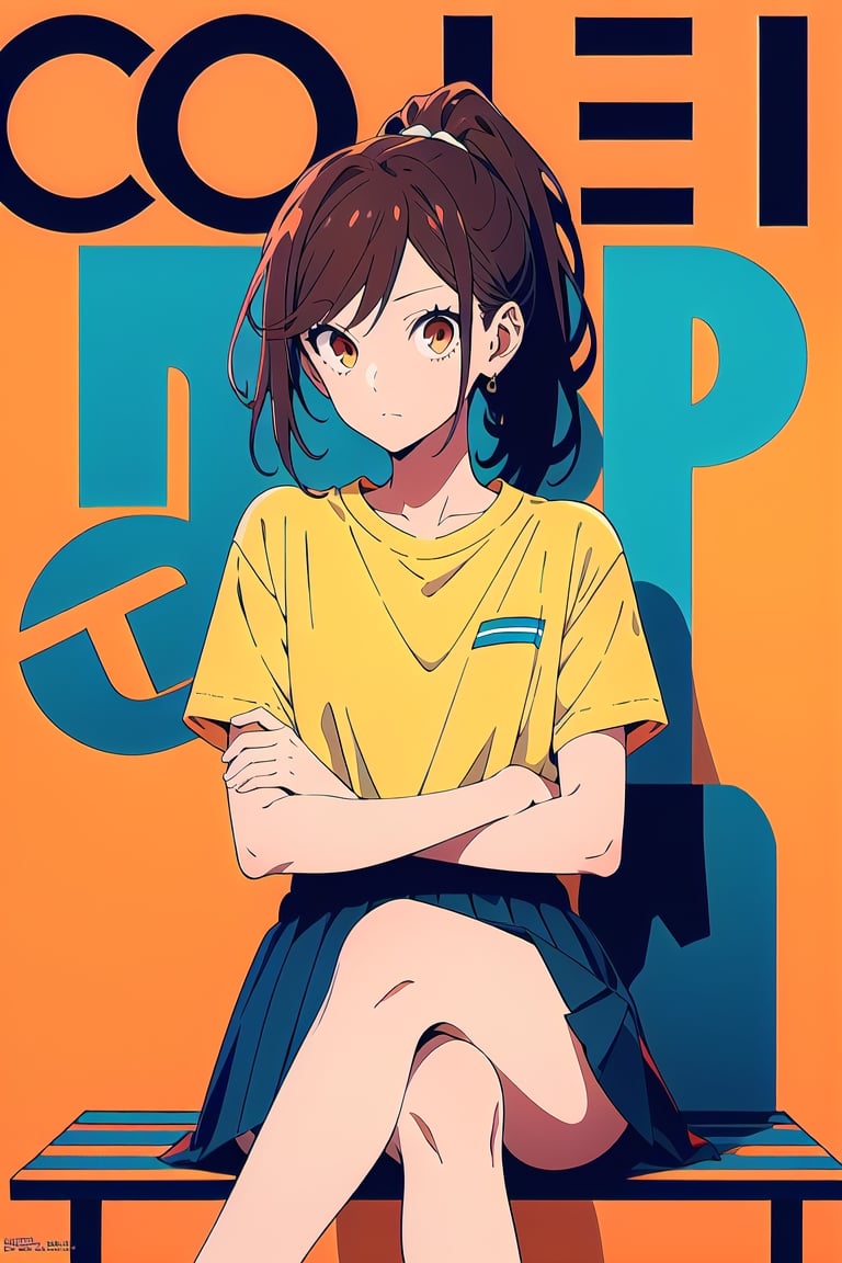 1girl,25 years old,ponytail, sportswear, 
sport t-shirt, large skirt, sitting ,from in front,crossed legs,
looking_at_viewer,no shadow,
serious, modeling pose, modeling, ,magazine cover,
showing her outfit, ,horimiya_hori, brown eyes, basic_background,portrait