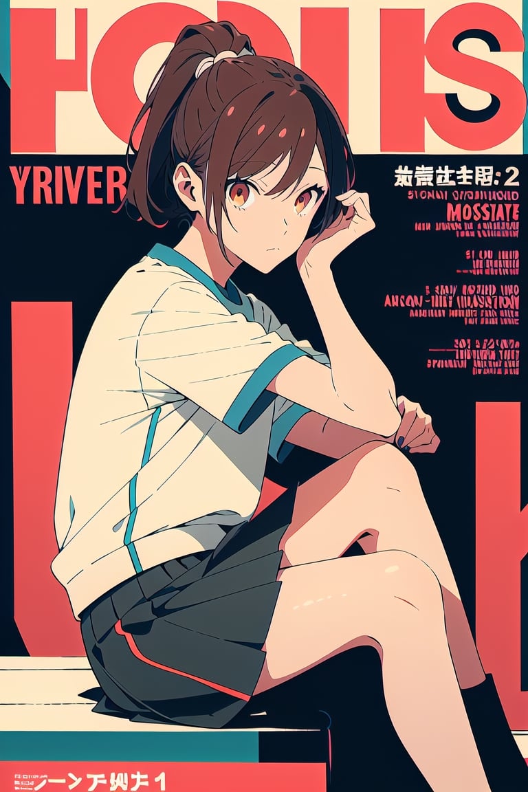 1girl,25 years old,ponytail, sportswear, 
large sport t-shirt, large skirt, sitting ,from in front,crossed legs,
looking_at_viewer,no shadow,
serious, modeling pose, modeling, ,magazine cover,
showing her outfit, ,horimiya_hori, brown eyes, basic_background,portrait