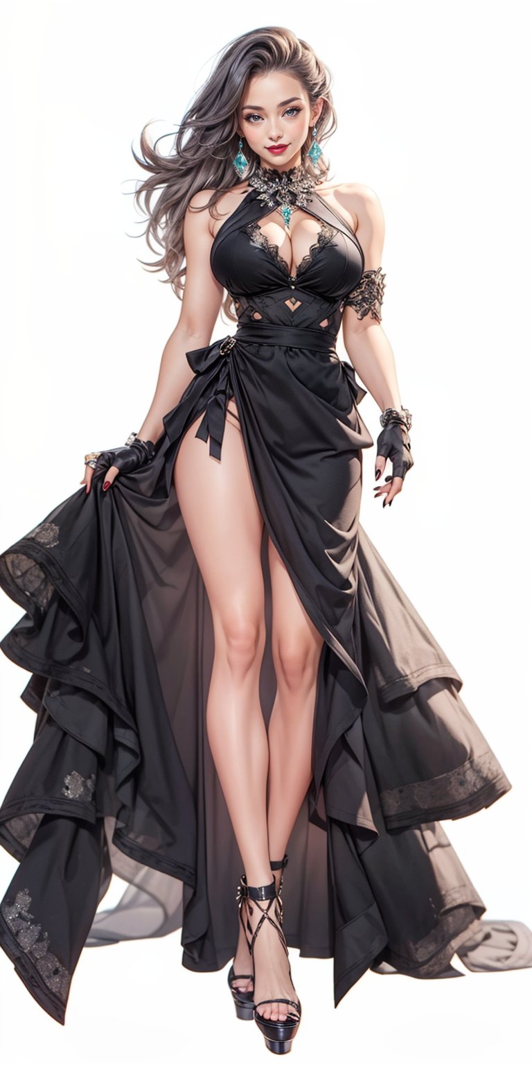 1girl, solo, long hair, breasts, looking at viewer, smile, large breasts, , black hair, gloves, dress, cleavage, bare shoulders, jewelry, closed mouth, standing, full body, thighs, earrings, sleeveless, black gloves, fingerless gloves, nail polish, black footwear, mole, black dress, high heels, lips, clothing cutout, bare legs, makeup, sleeveless dress, cleavage cutout, lipstick, side slit, skirt hold