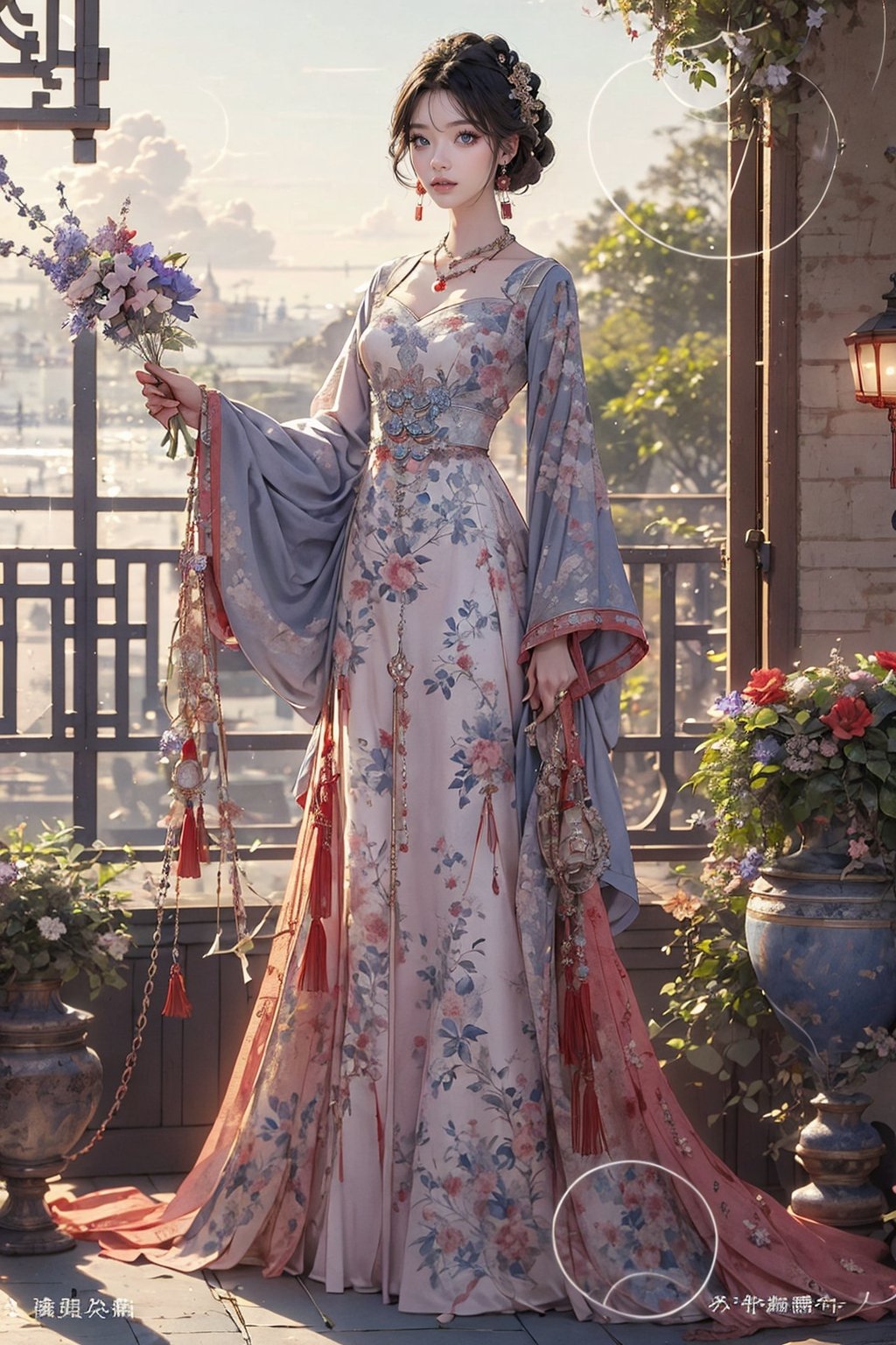 1girl, solo, looking at viewer, black hair, hair ornament, long sleeves, dress, holding, jewelry, standing, full body, flower, earrings, cloud, wide sleeves, necklace, chinese clothes, lightning