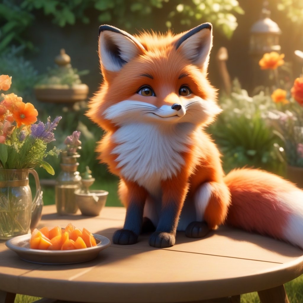 a fox in the table,(Masterpiece, Best Quality, Ultra-Detailed, 8K), Cinematic Lighting, Midway.,The fox's fur should be realistic and look soft.This scene will be realized as an illustration, using digital art techniques to emphasize the complex details and vibrant colors of the garden.