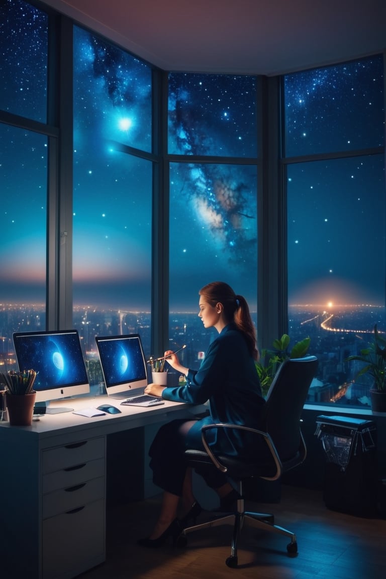 A retoucher woman is doing photoshop in the office in the evening. stars and planets are visible through the window,night cityanalog photography, professional shooting, hyperrealistic, masterpiece, trend,krrrsty