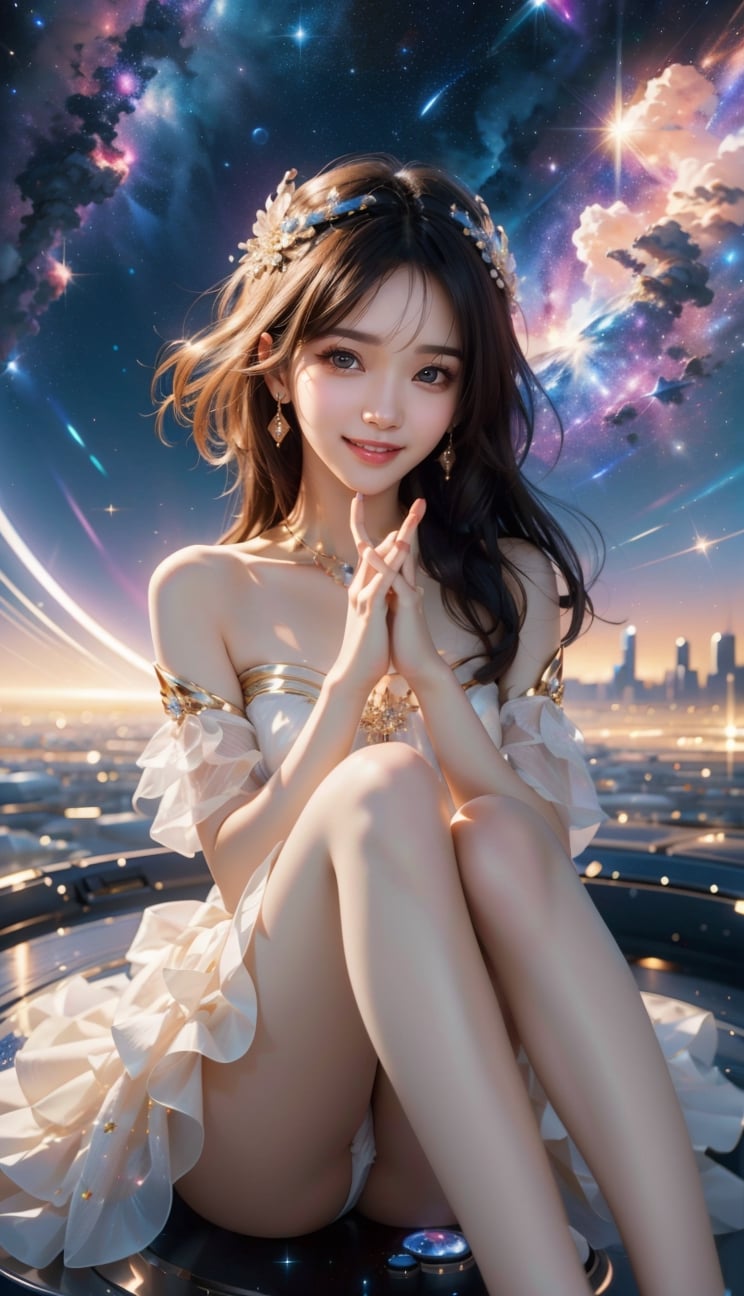 A space goddess in her space city, wearing a flowing, ethereal dress sparkling with the colors of the galaxy. Nebula, distant galaxy, twinkling stars, space landscape, beautiful Korean 18-year-old girl, {beautiful and delicate eyes}, {normal limbs and fingers}, ((accurate hands without discomfort)), high quality, beauty face,
Medium_chest, detailed face, brown eyes, perfect feet, perfect hands, perfect fingers, clear facial skin, slim and perfect body, real hands, looking at viewer, realism