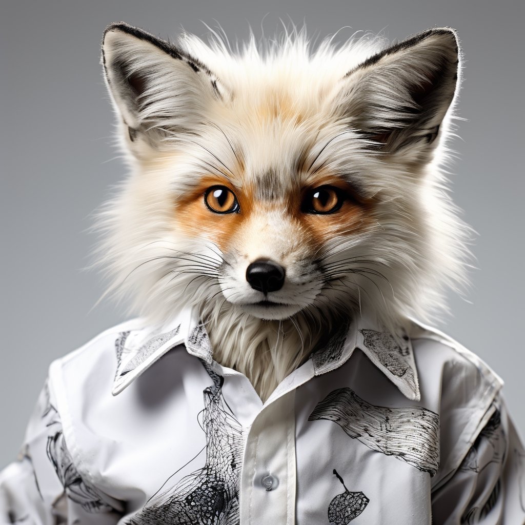 small black and white fox in a shirt, white background, Miki Asai Macro photography, close-up, hyper detailed, trending on artstation, sharp focus, studio photo, intricate details, highly detailed, by greg rutkowski