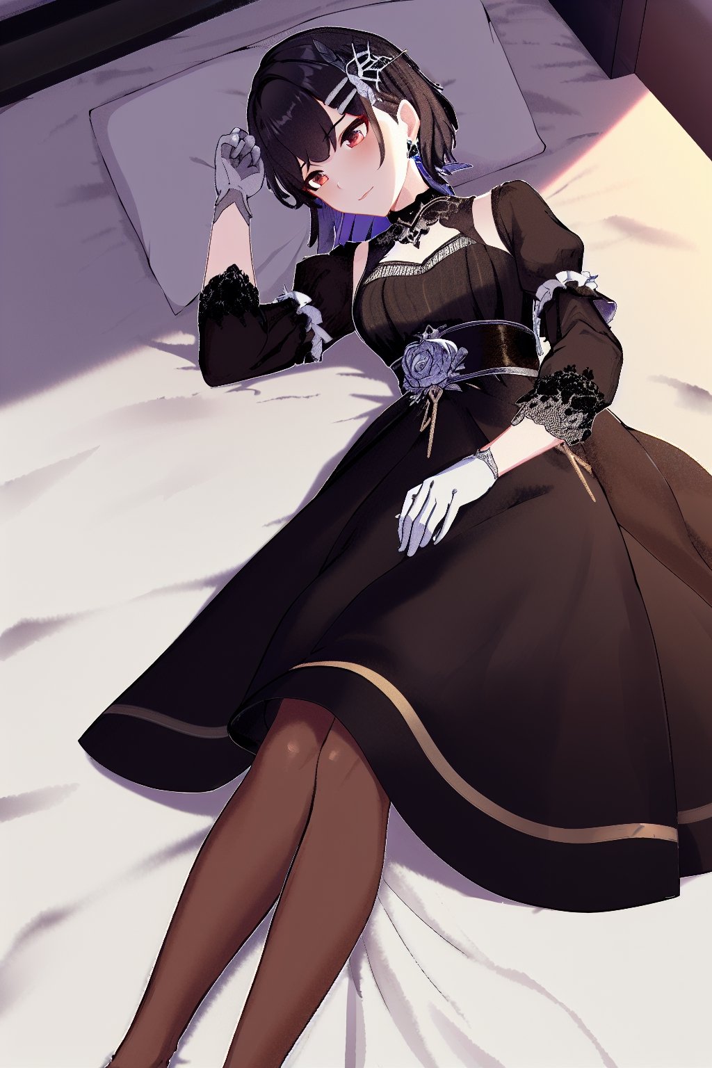 masterpiece, best quality, highres, 1girl hair ornament earrings,full_body , detailed face  ,black dress jewelry single glove black gloves long sleeves pantyhose choker  lying on back, bed sheet, 1girl hair ornament earrings