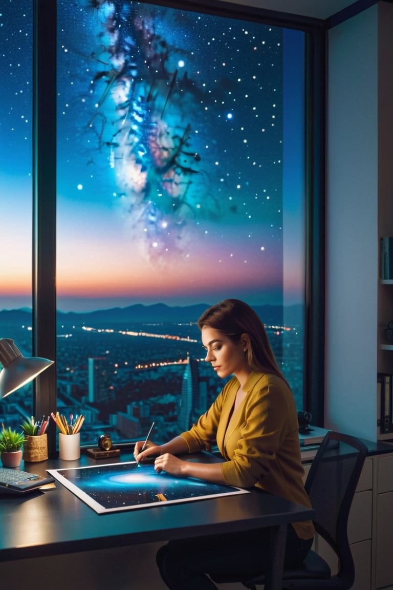 A retoucher woman is doing photoshop in the office in the evening. stars and planets are visible through the window,night cityanalog photography, professional shooting, hyperrealistic, masterpiece, trend,krrrsty