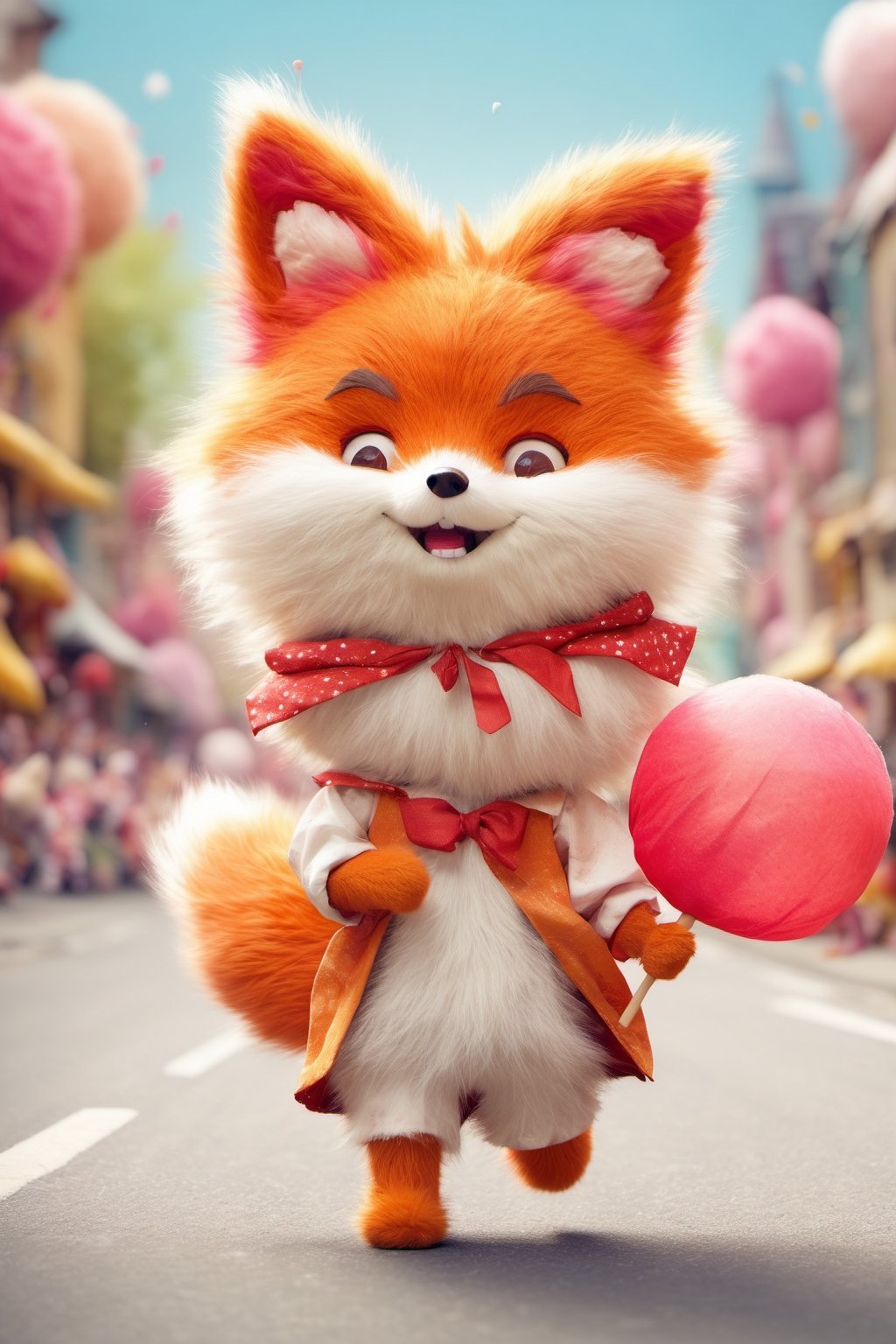 Cute Animals - A cute fluffy fox dressed as a child in a festival running on a street with a large lollipop. Its body is round and soft, with tiny paws and a small, cute face with big, shiny eyes and rosy cheeks. It has a happy face