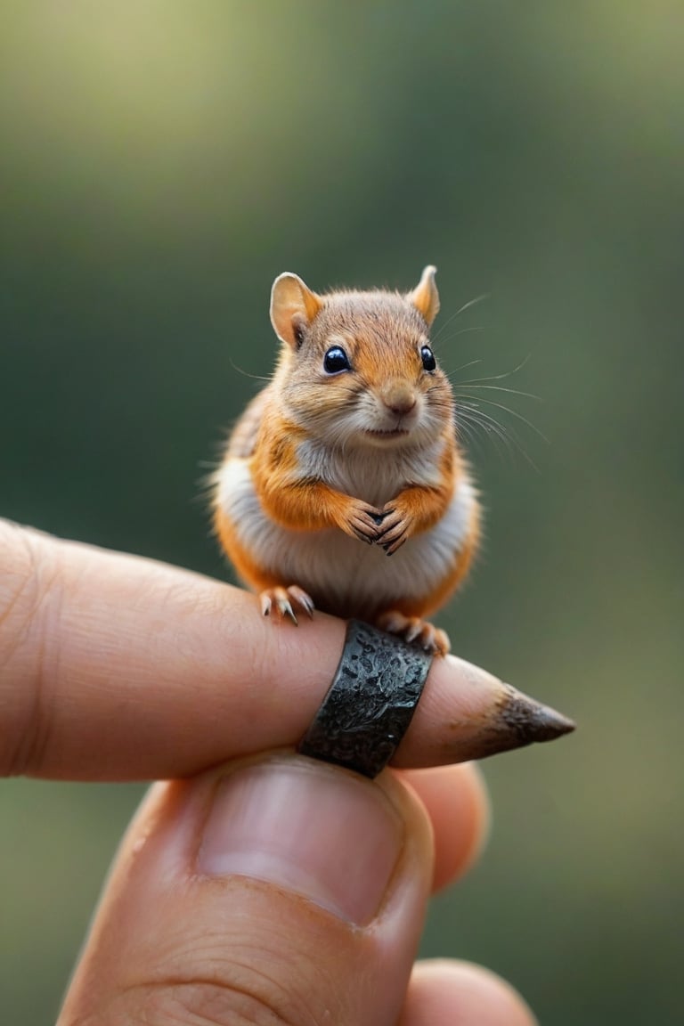 a small animal sitting on the tip of the finger, macro shot, in the style of fantastic realism, miniature, natural phenomena, I can't believe how beautiful it is, cute