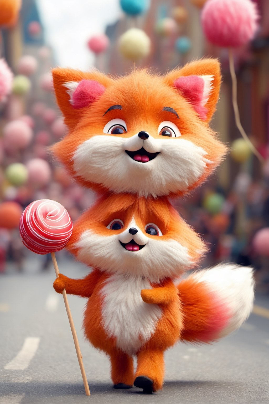 Cute Animals - A cute fluffy fox dressed as a child in a festival running on a street with a large lollipop. Its body is round and soft, with tiny paws and a small, cute face with big, shiny eyes and rosy cheeks.