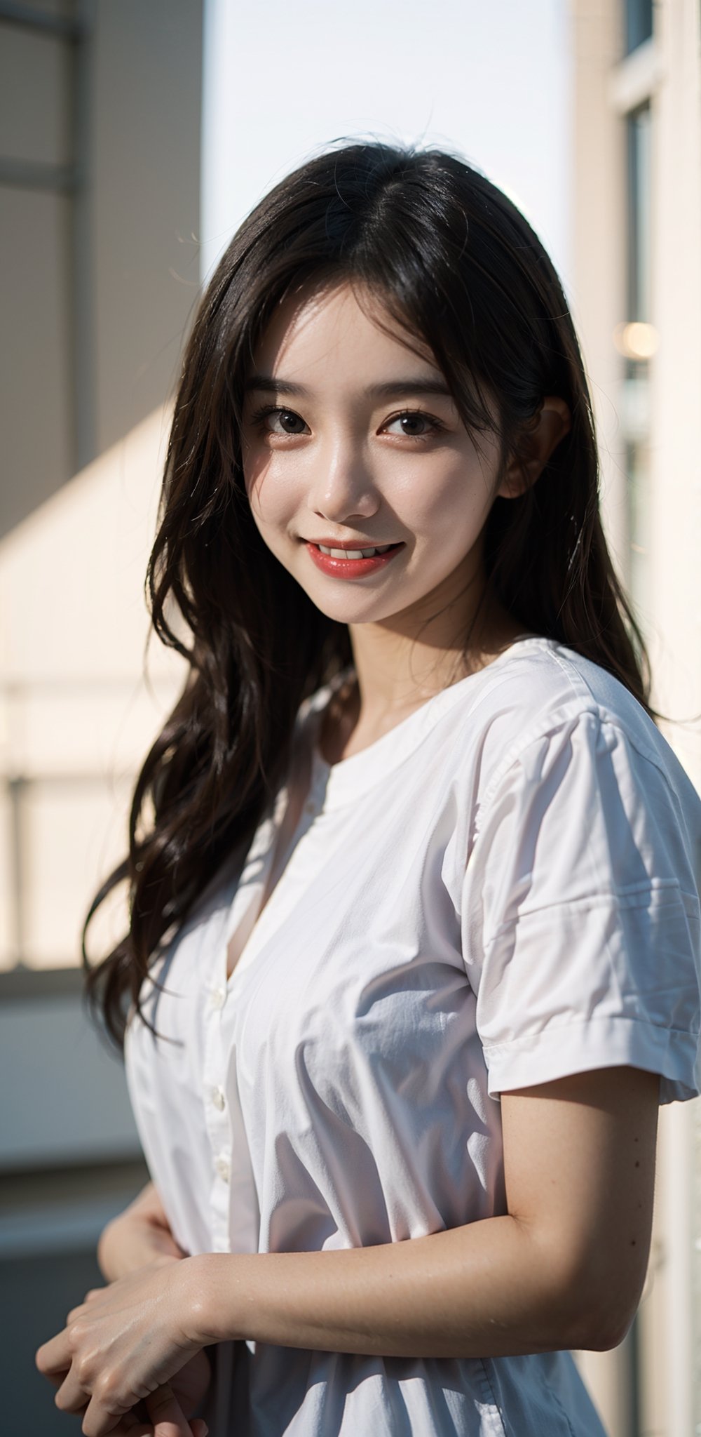  a girl,full body shot,full body shot! masterpiece, top quality, (highly detailed 8k wallpaper, masterpiece, highest quality, best shadows), beautiful detailed lighting, Korean, long black hair, medium chest, brown eyes, dimples, (front shot), full body shot, bright smile, (kindness smiling)