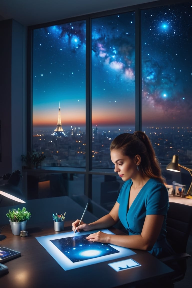 A retoucher woman is doing photoshop in the office in the evening. stars and planets are visible through the window,night cityanalog photography, professional shooting, hyperrealistic, masterpiece, trend,krrrsty