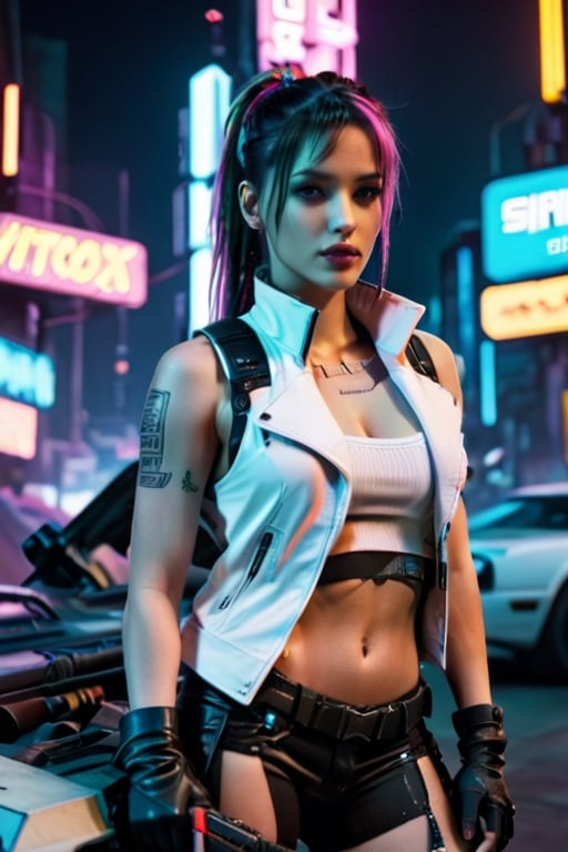 futuristic cyberpunk, young woman, white vest, short coat Sleeveless, Cyber punk theme, facing foward, leaning on cyberpunk car engine hood, resting sniper rifle on shoulder, cybernetic implants, tattoos,  neon colors, hair in pony tail, military boots, cyber punk, neon signs, night at the neon futuristic city, Movie Still, Film Still, Cinematic, Cinematic Shot, Cinematic Lighting, wide angle,underboob