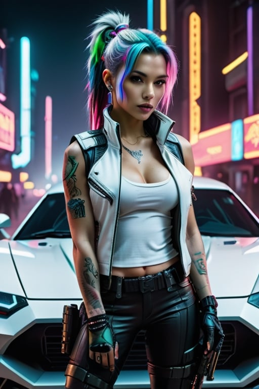 futuristic cyberpunk, woman 30 year old, white vest, short coat Sleeveless, Cyber punk theme, facing foward, leaning on cyberpunk car engine hood, holding sniper rifle on shoulder, cybernetic implants, dragon tattoos,  neon colors, hair in pony tail, military boots, cyber punk, neon signs, night at the neon futuristic city, Movie Still, Film Still, Cinematic Shot, Cinematic Lighting, wide angle, photorealistic, full body